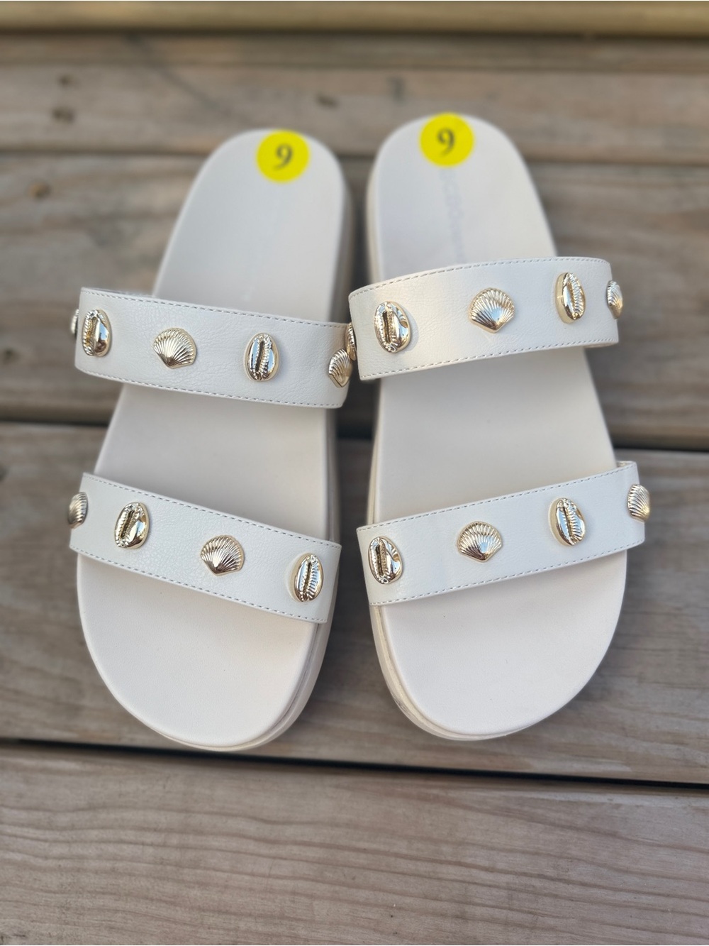 BCBGeneration White Double-Strap Slide Sandals with Gold Shell Studs